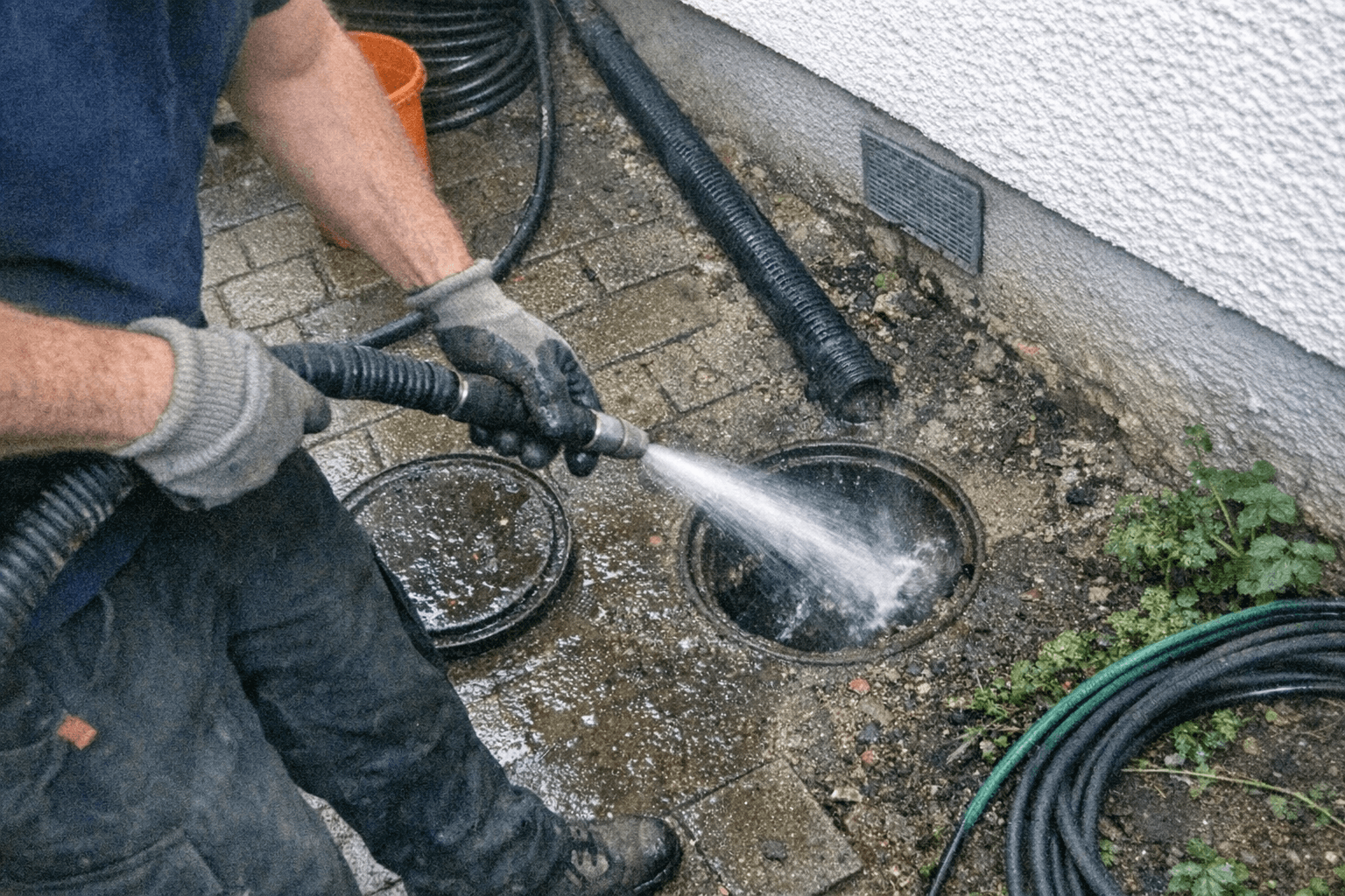 Spülen von Sickerleitungen auf dem Grundstück